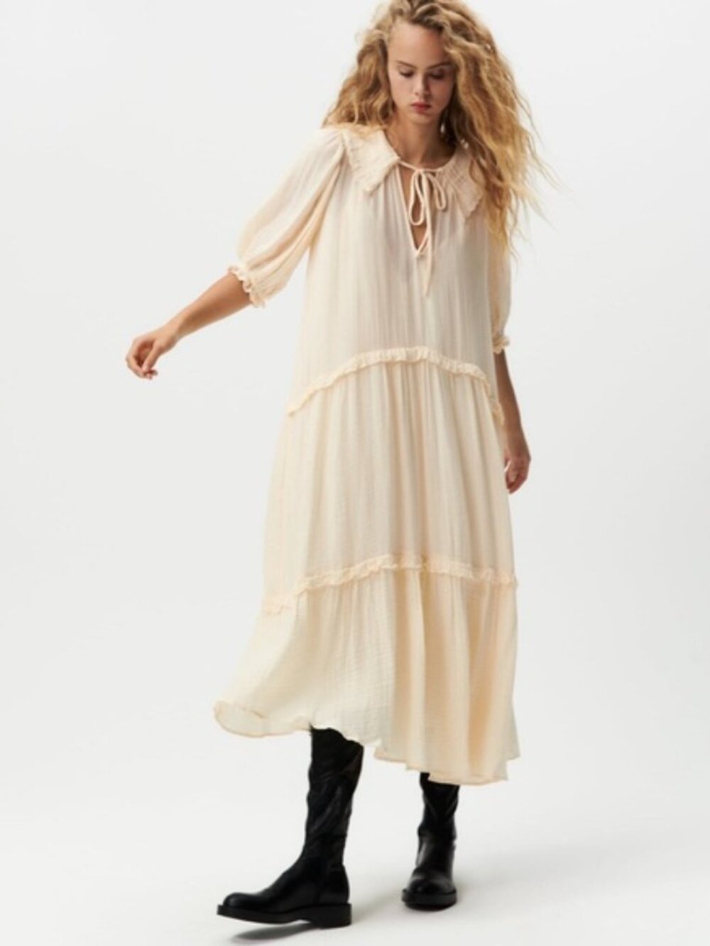 ZARA GAUZE TIERED BOHO PRAIRIE ANTIQUE MAXI DRESS VANILLA MUSLIN